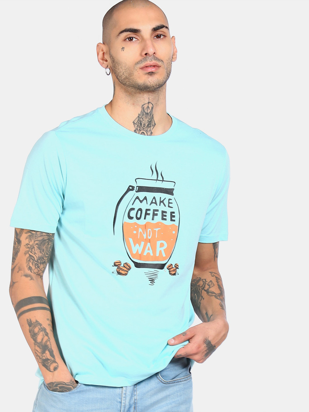 

Colt Men Blue Printed V-Neck Applique T-shirt