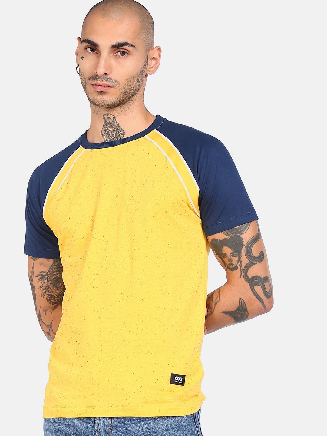 

Colt Men Yellow & Navy Blue Colourblocked Cotton T-shirt
