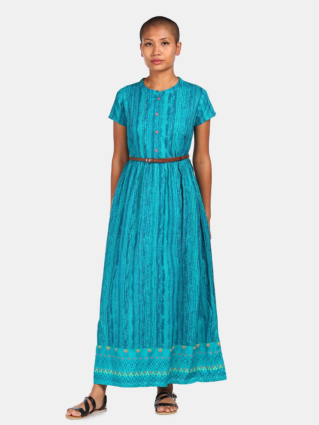 

Karigari Blue Mandarin Collar Printed Maxi Dress