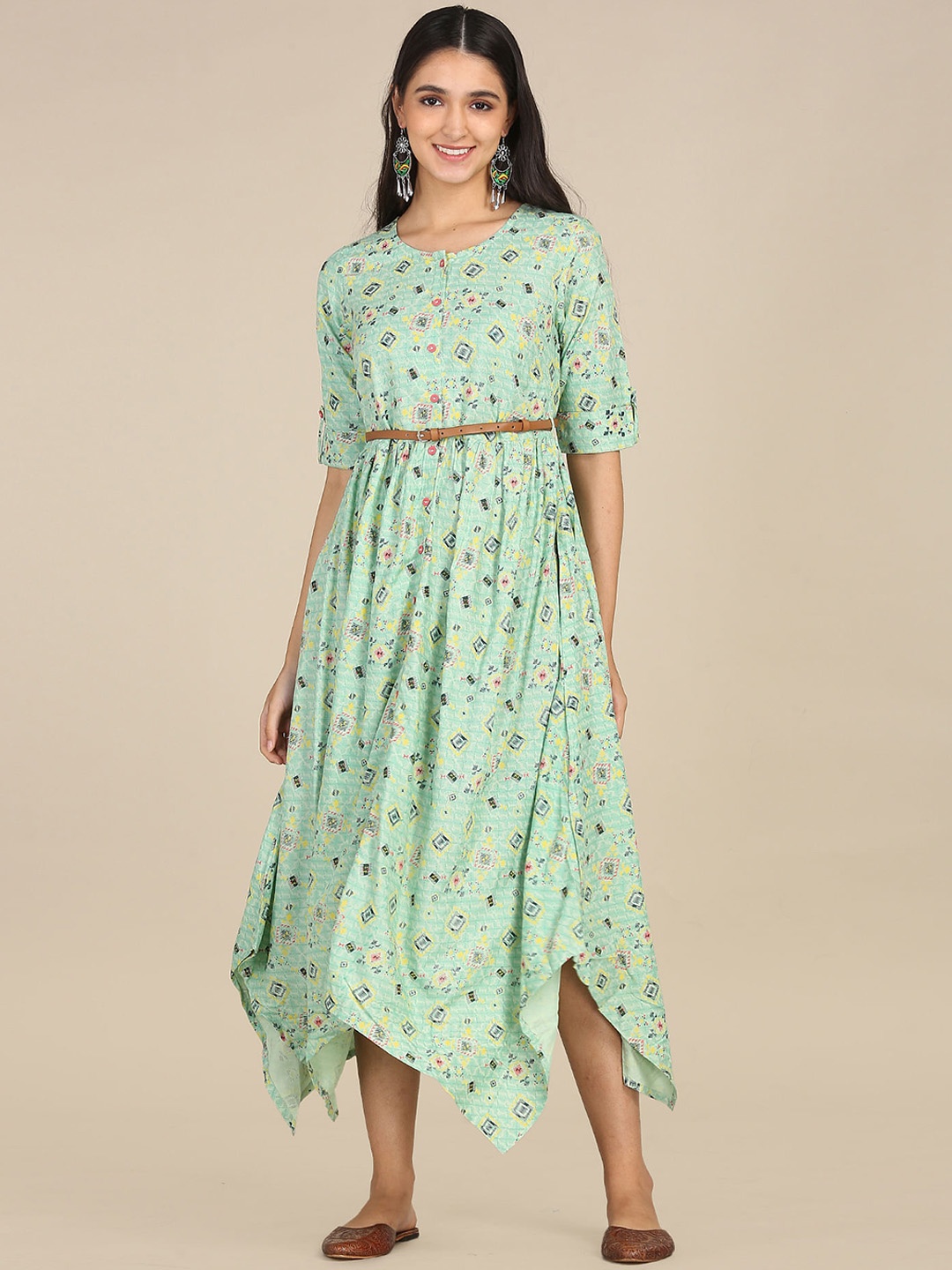 

Karigari Green Printed Handkerchief Hem Midi Dress