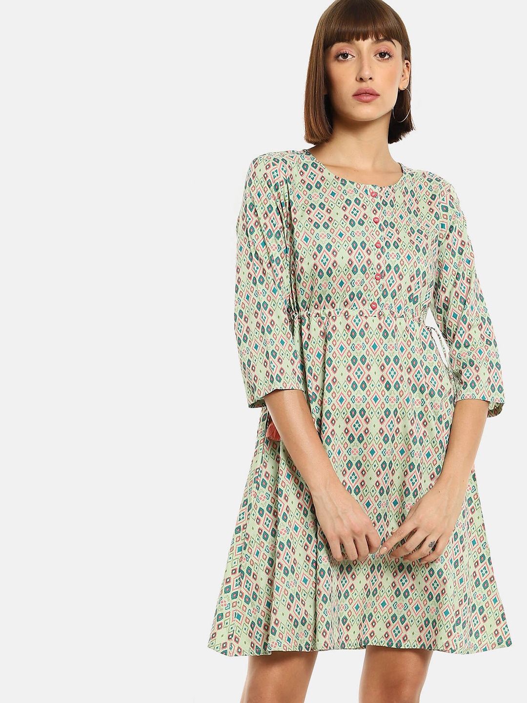 

Karigari Women Green Printed Fit And Flare Dress