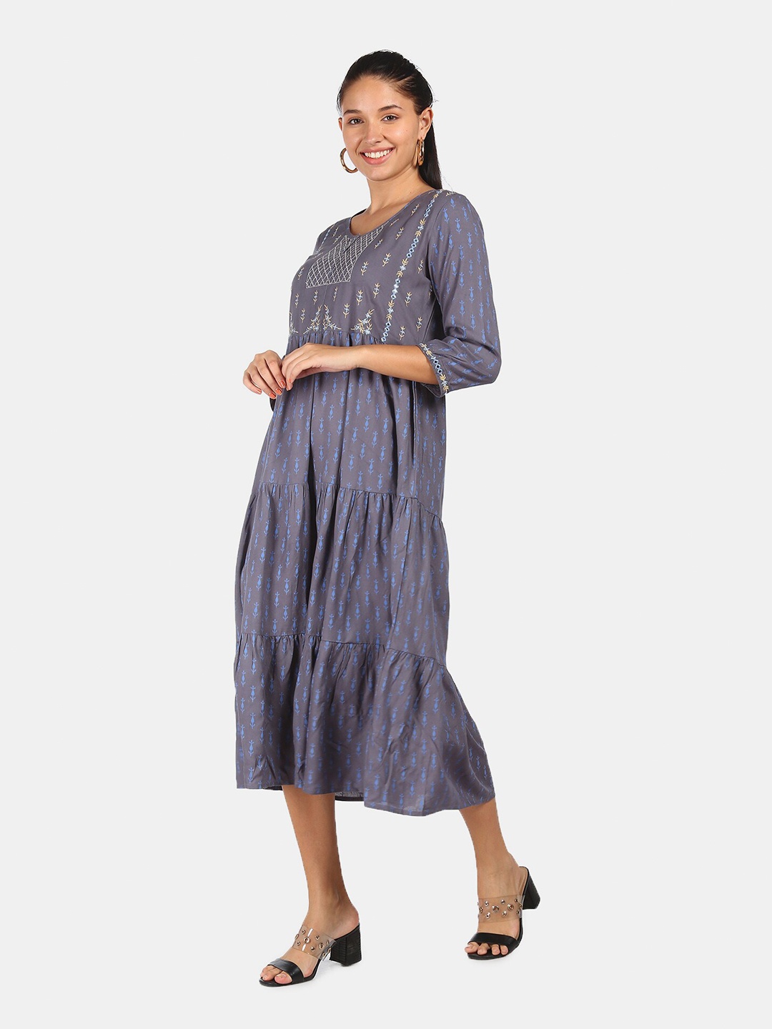 

Karigari Women Grey & Blue Ethnic Motifs Printed Embroidered Tiered Midi Dress