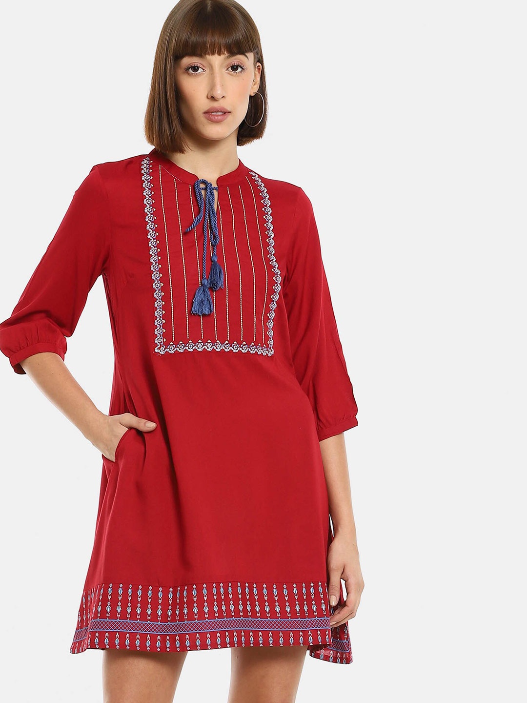 

Karigari Red Yoke Embroidered Tie-Up Neck A-Line Dress