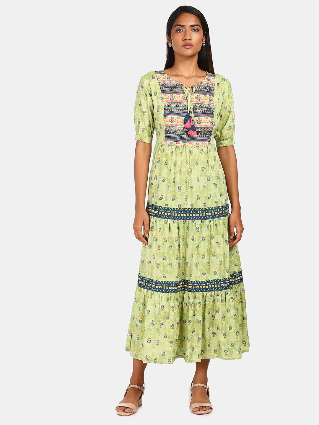 

Karigari Green Ethnic Motifs Tie-Up Neck Maxi Tiered Dress