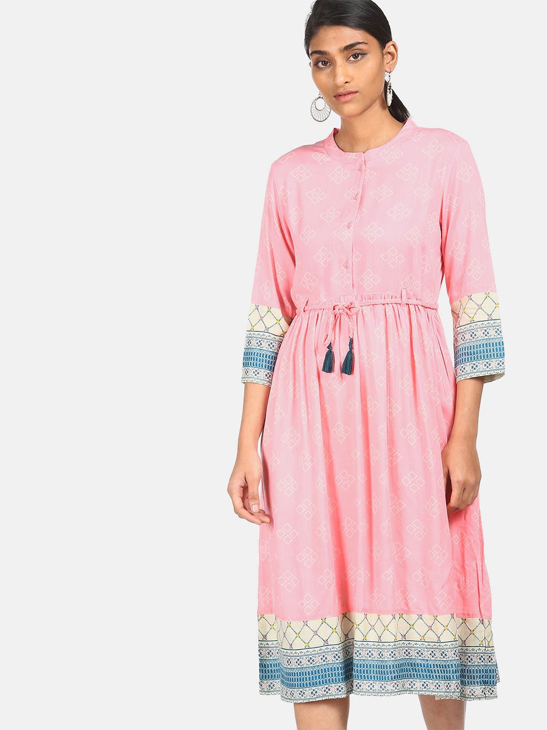 

Karigari Pink Geometric Printed A-Line Midi Dress