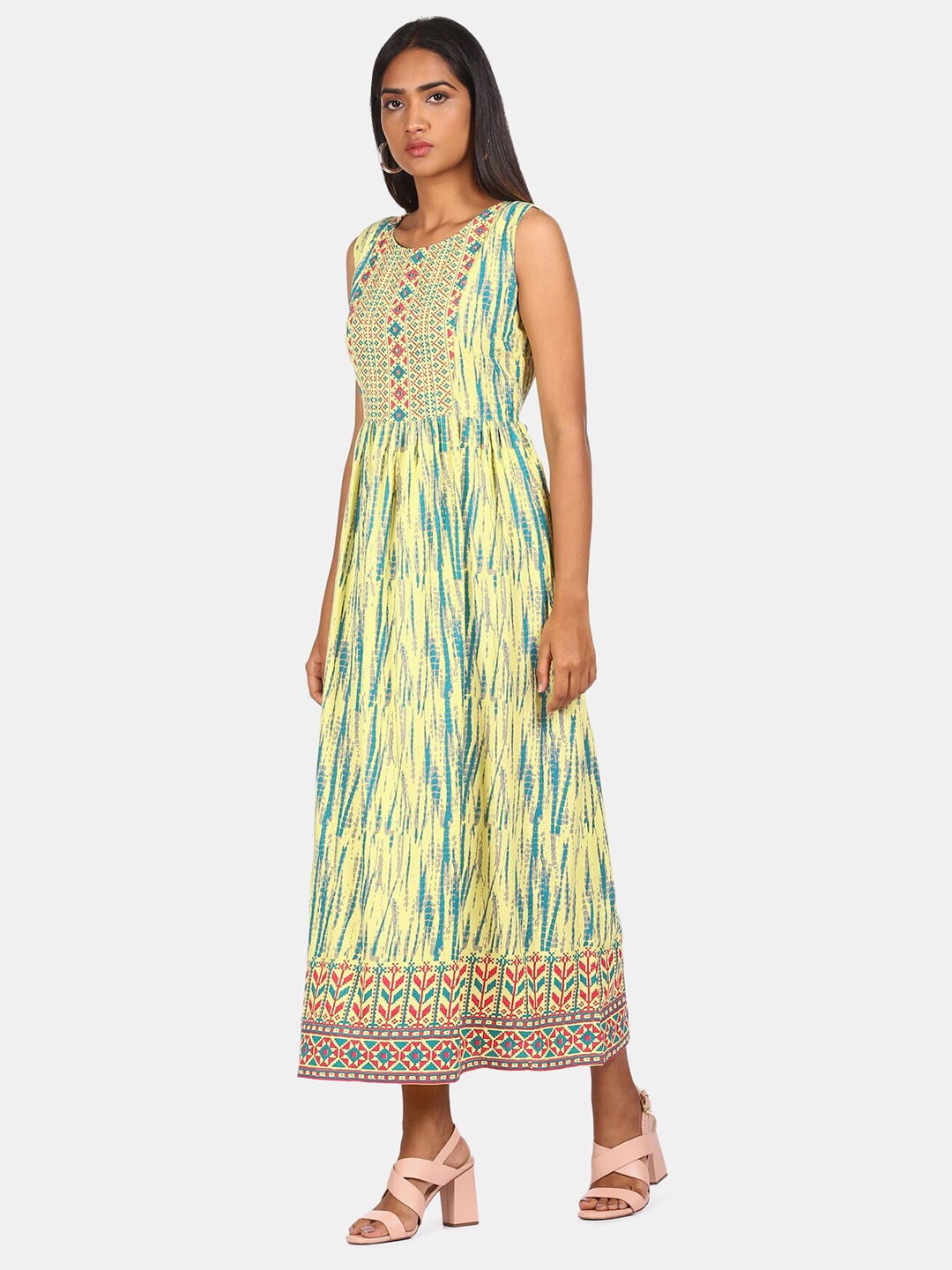 

Karigari Yellow Printed A-Line Dress