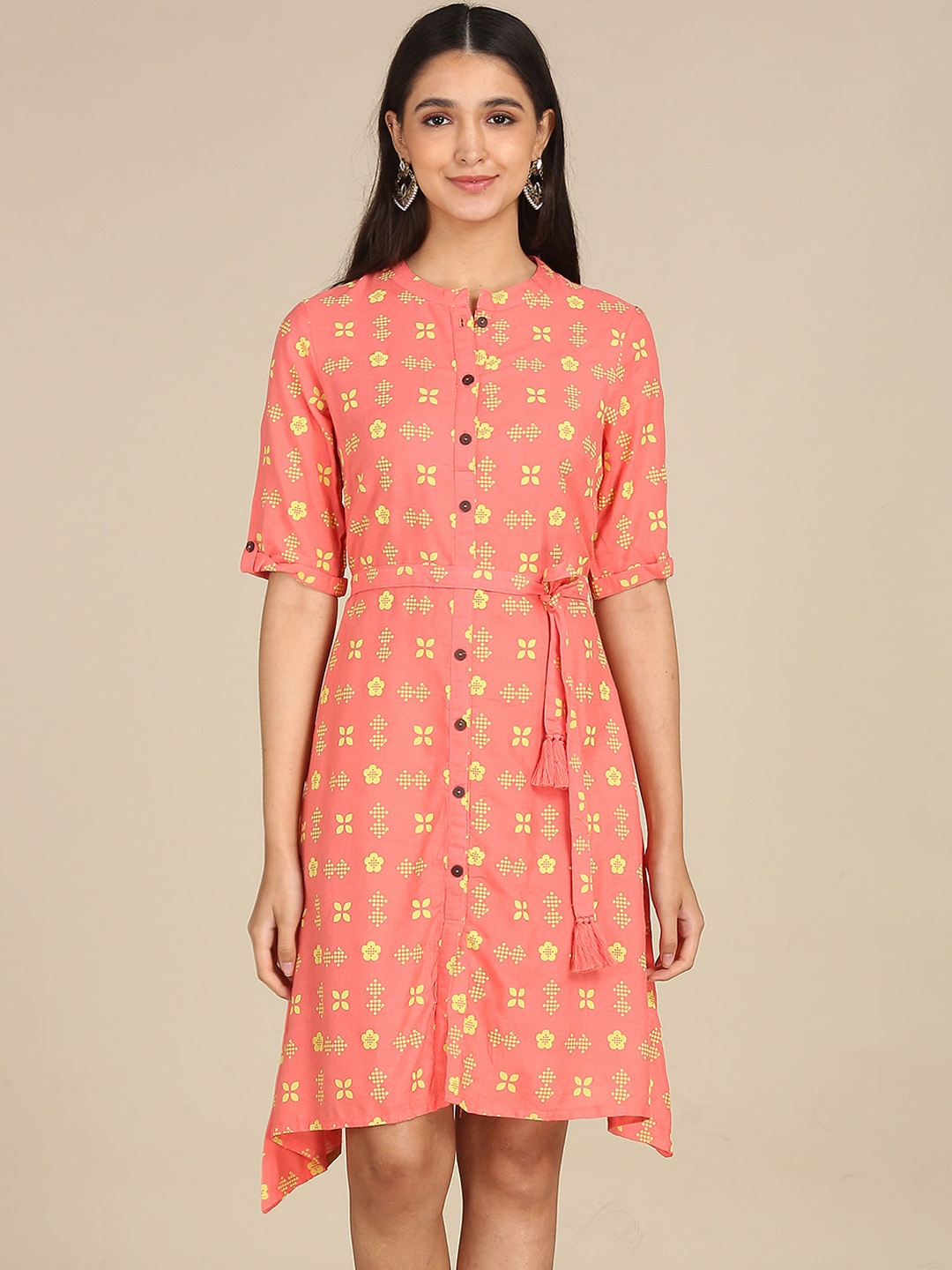 

Karigari Women Peach & Yellow Printed Belted Shirt Dress