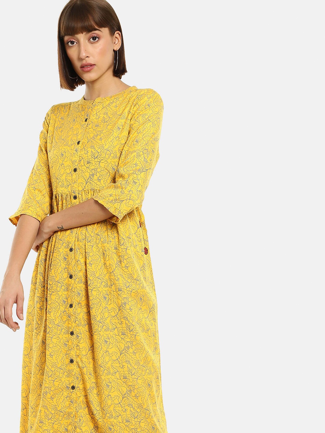 

Karigari Women Yellow & Grey Floral Printed Shirt Midi Dress