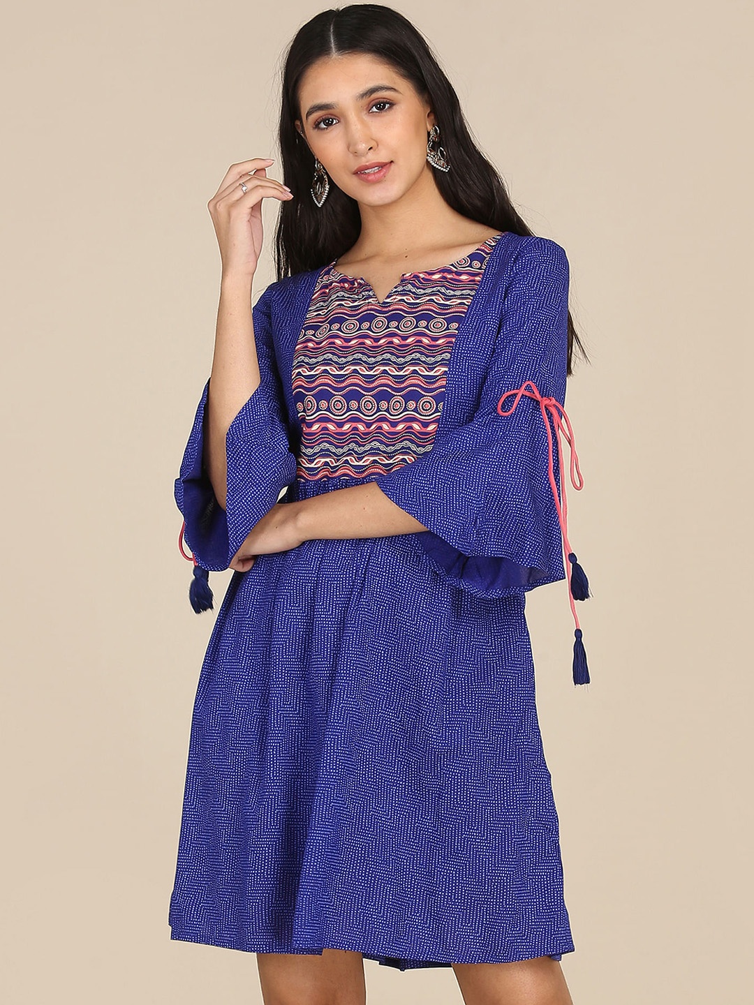 

Karigari Women Blue ted Flared A-Line Dress