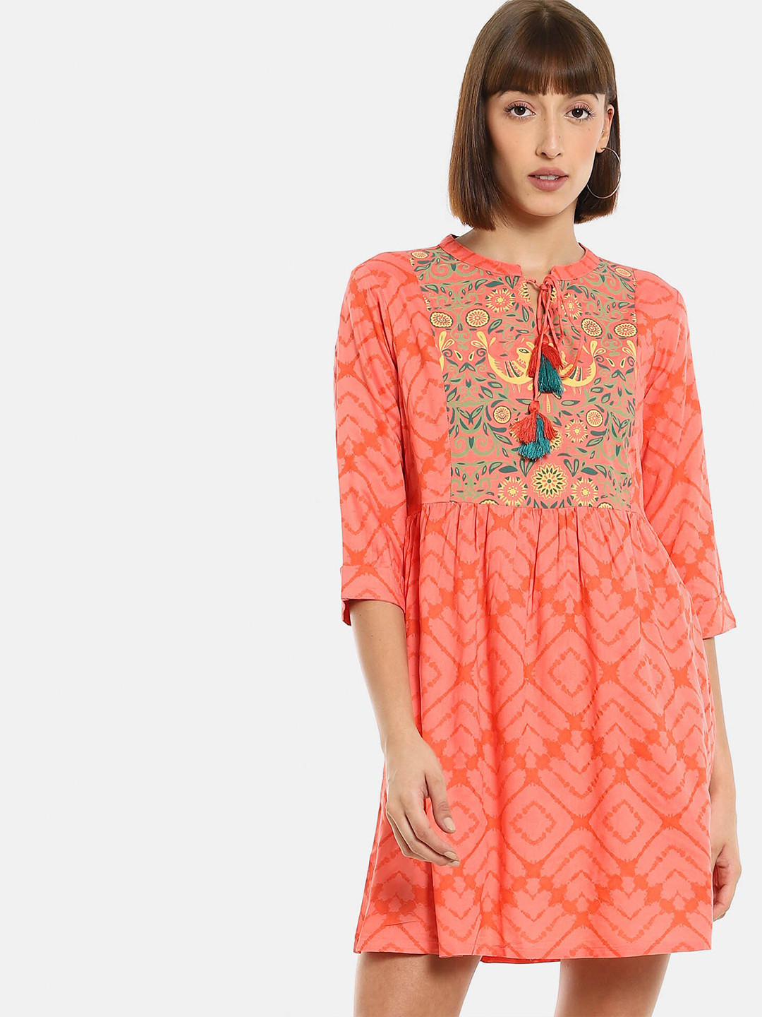 

Karigari Women Coral & Yellow Ethnic Motifs Tie-Up Neck Dress