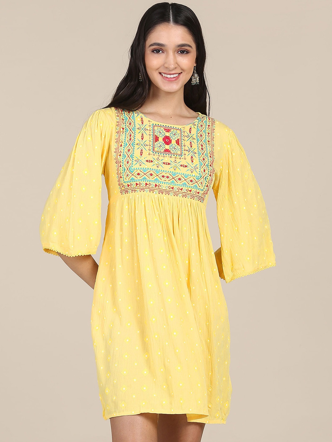 

Karigari Yellow Flared Sleeve A-Line Dress