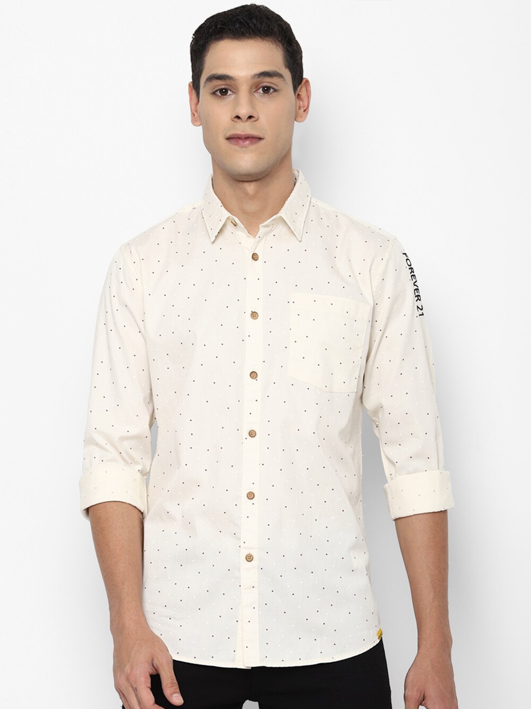 

FOREVER 21 Men Beige Embroidered Opaque Printed Pure Cotton Casual Shirt