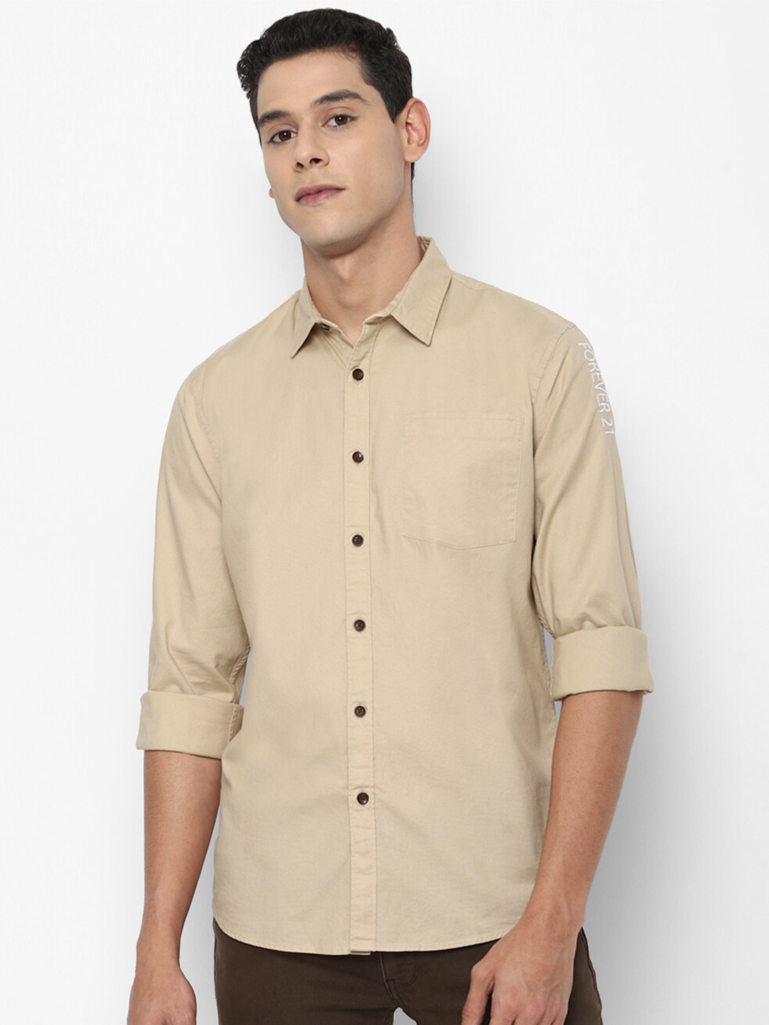 

FOREVER 21 Men Beige Slim Fit Pure Cotton Casual Shirt