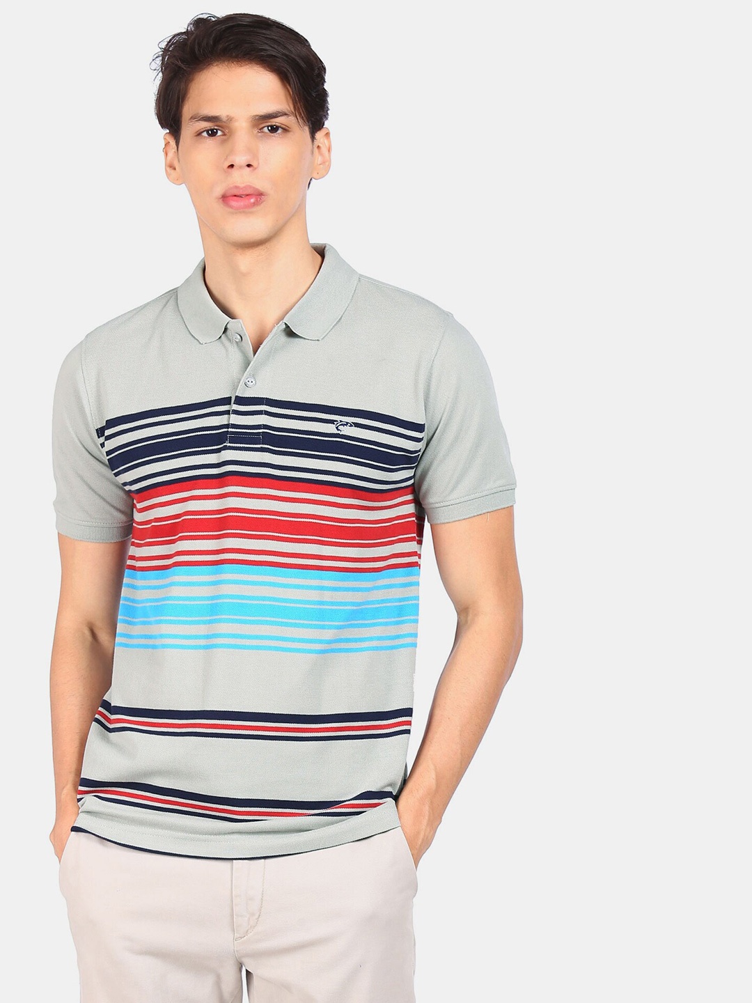 

Ruggers Men Grey & Red Striped Polo Collar Cotton T-shirt
