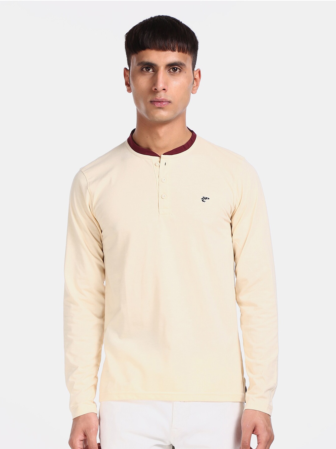 

Ruggers Men Beige Cotton Henley Neck Extended Sleeves T-shirt