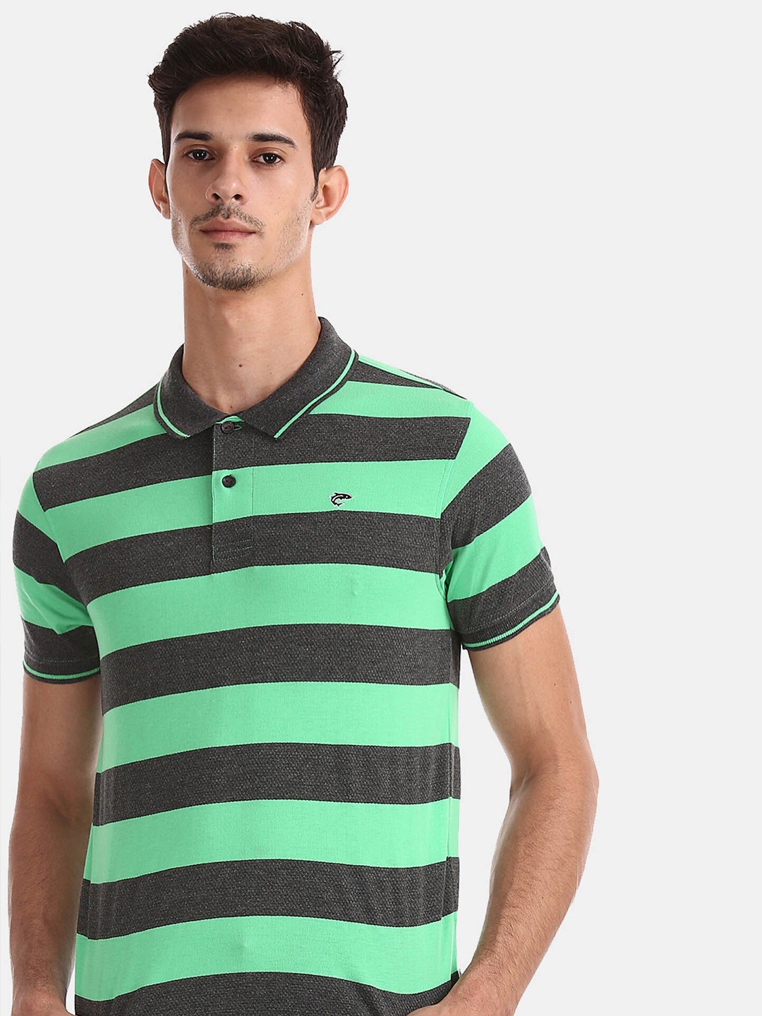 

Ruggers Men Green & Black Striped Cotton Polo Collar T-shirt