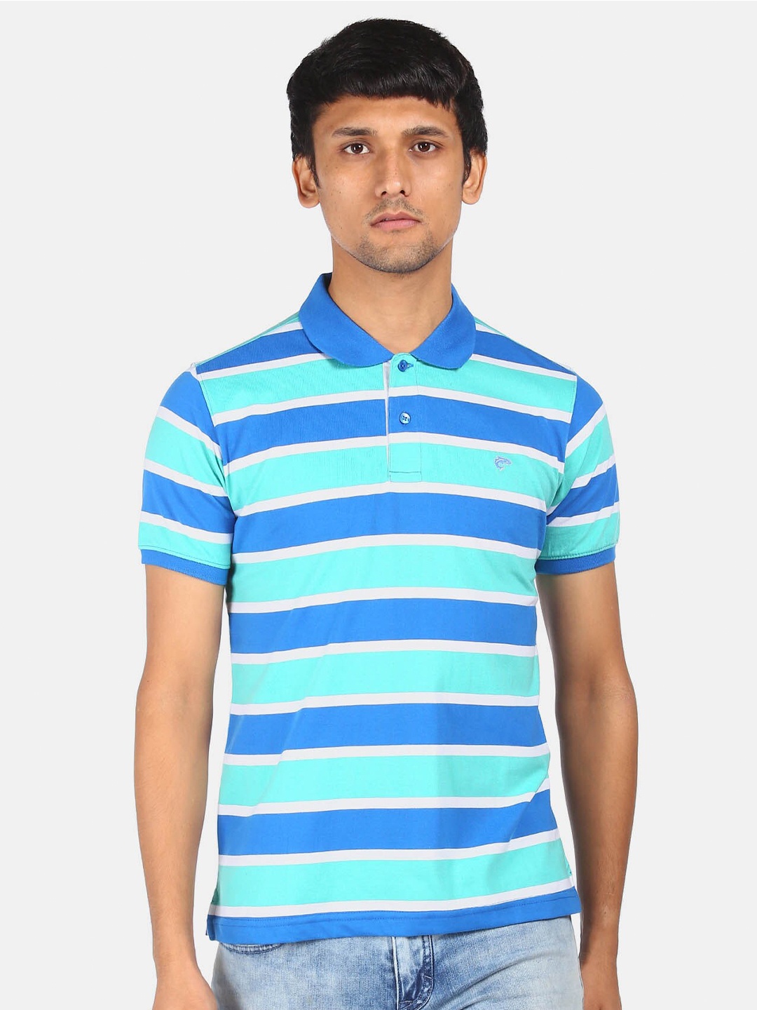 

Ruggers Men Blue Striped Polo Collar T-shirt