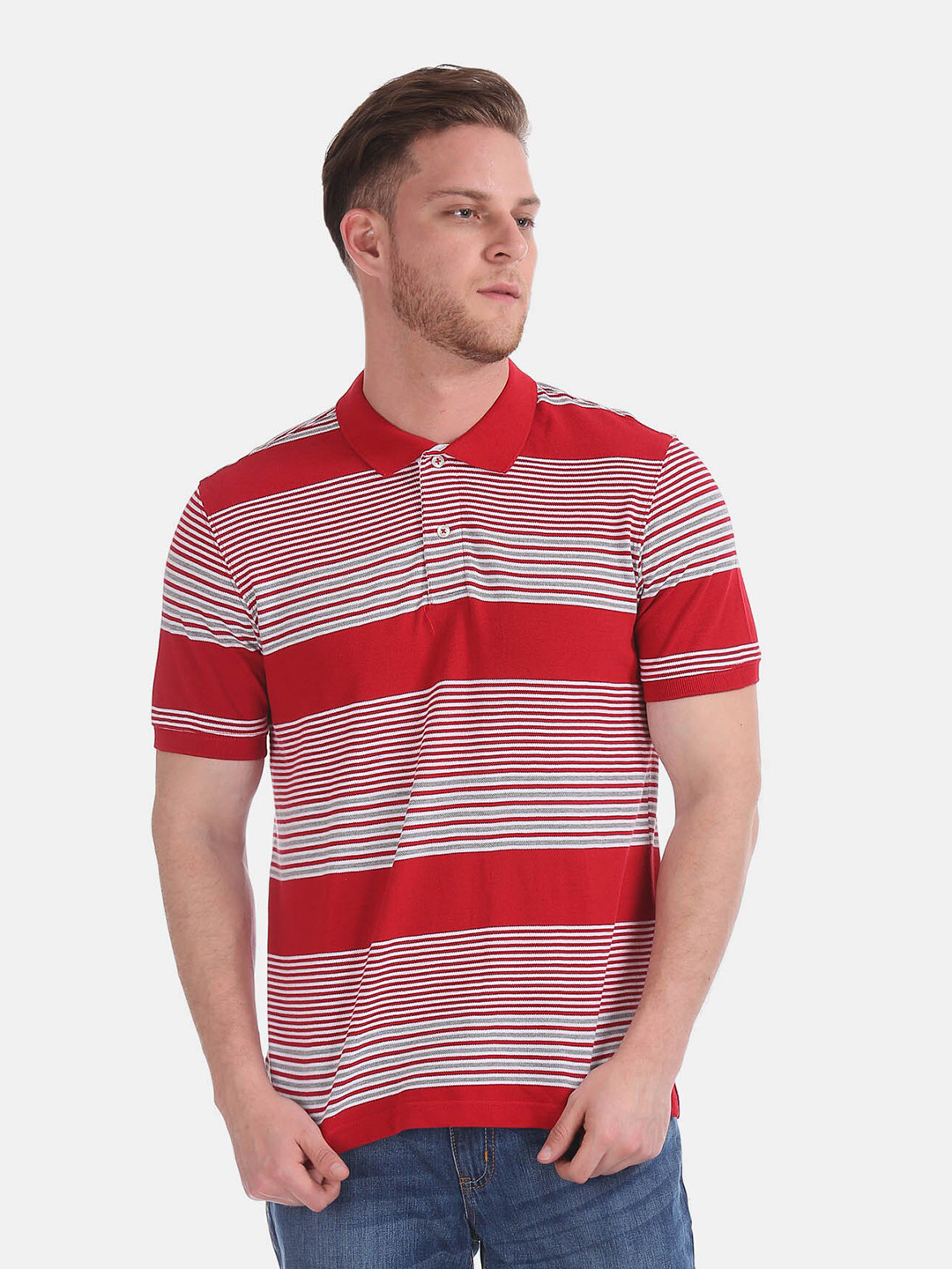

Ruggers Men Red & White Striped Polo Collar Cotton T-shirt