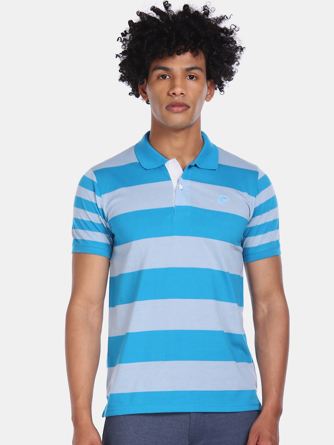 

Ruggers Men Blue Striped Polo Collar Applique T-shirt