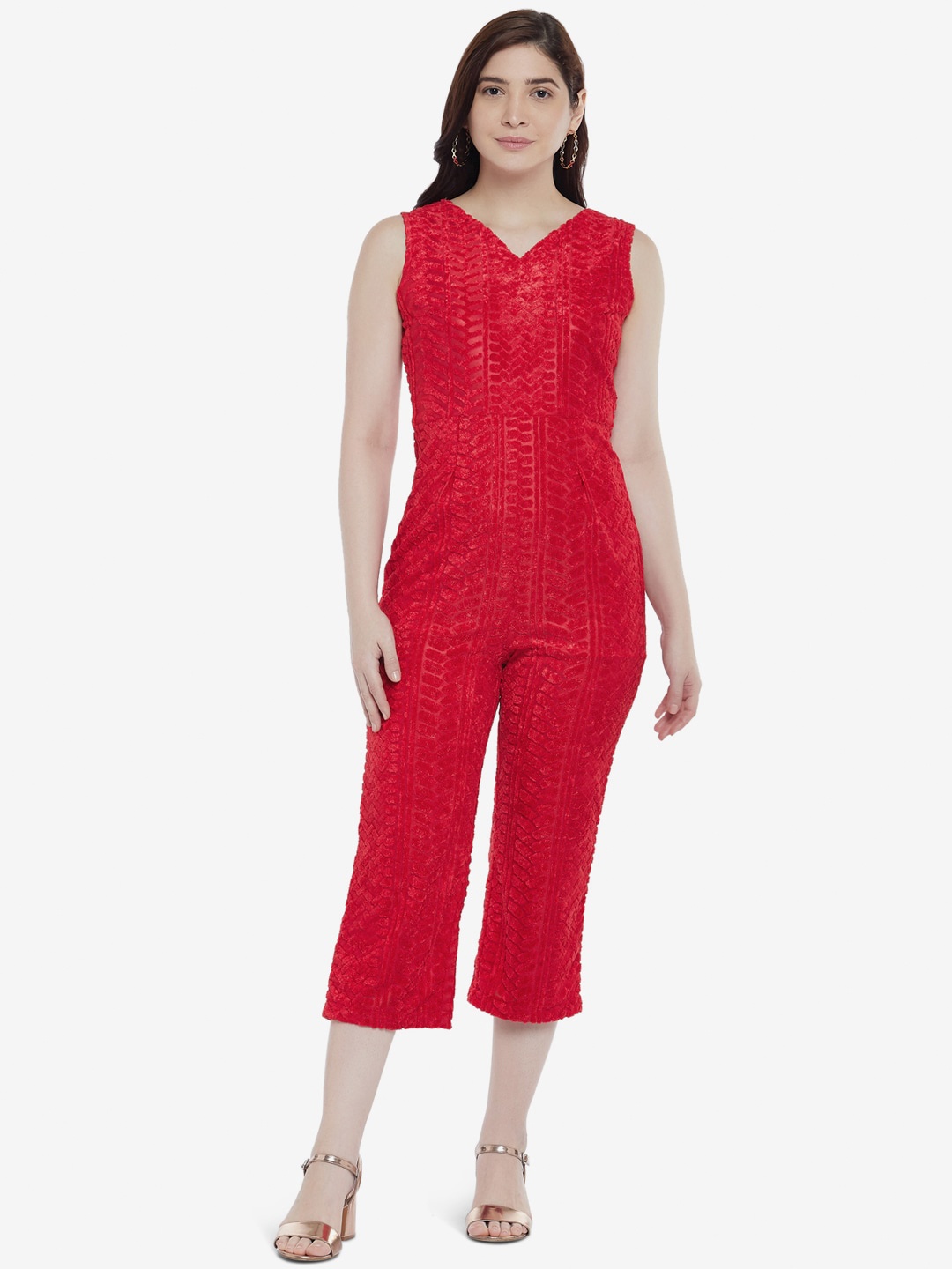 

Emmyrobe Women Red Self Design Capri Jumpsuit