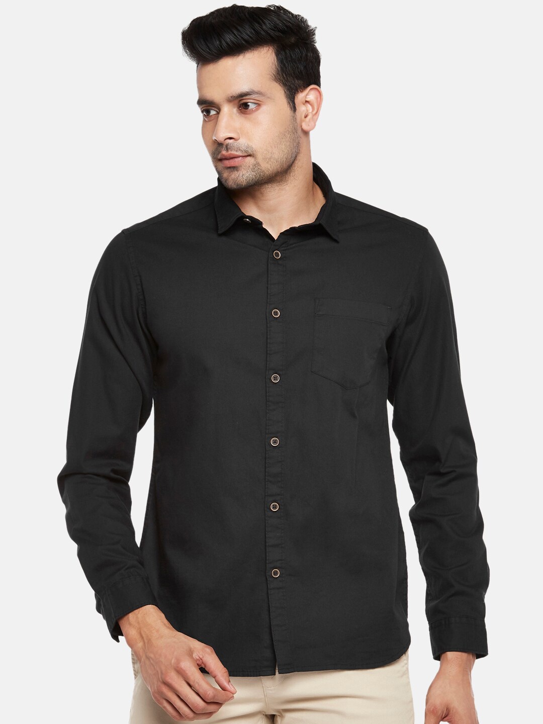 

BYFORD by Pantaloons Men Black Solid Opaque Slim Fit Casual Pure Cotton Shirt