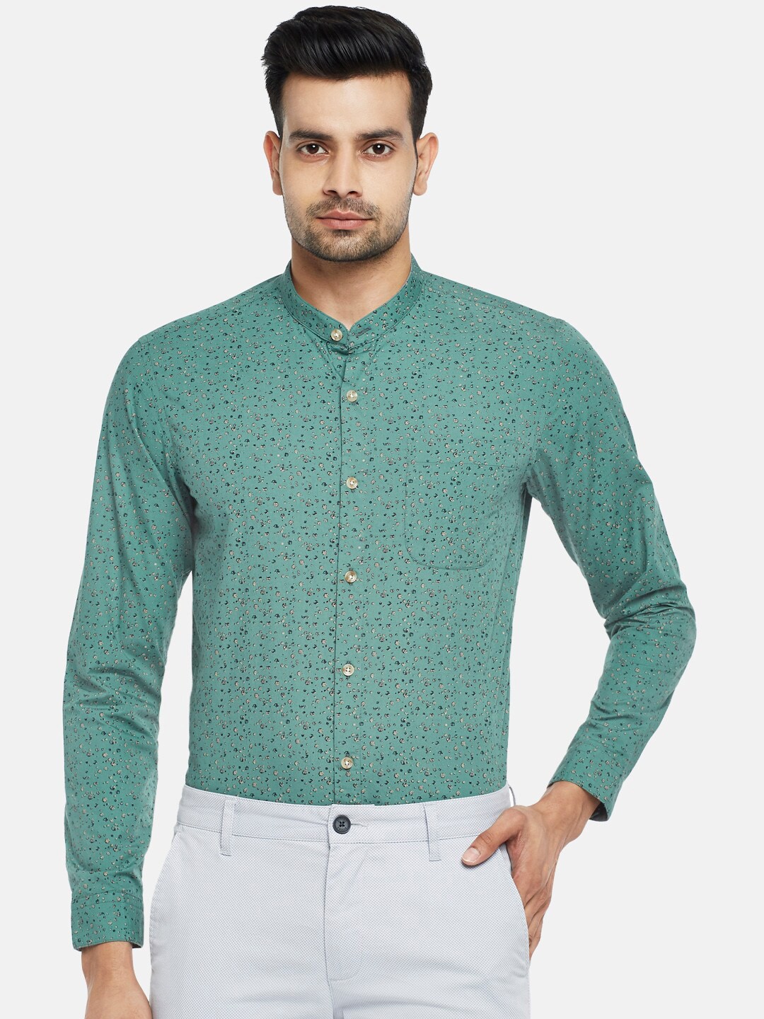 

BYFORD by Pantaloons Men Green & White Slim Fit Opaque Printed Pure Cotton Party Shirt