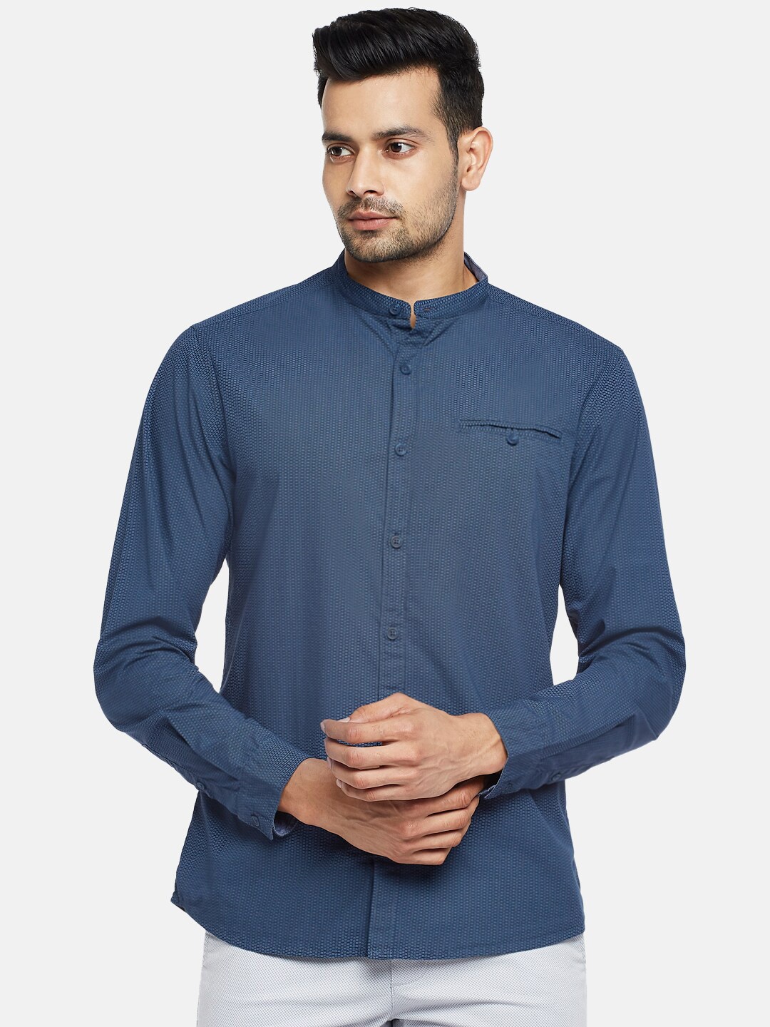 

BYFORD by Pantaloons Men Navy Blue Slim Fit Opaque Printed Pure Cotton Casual Shirt