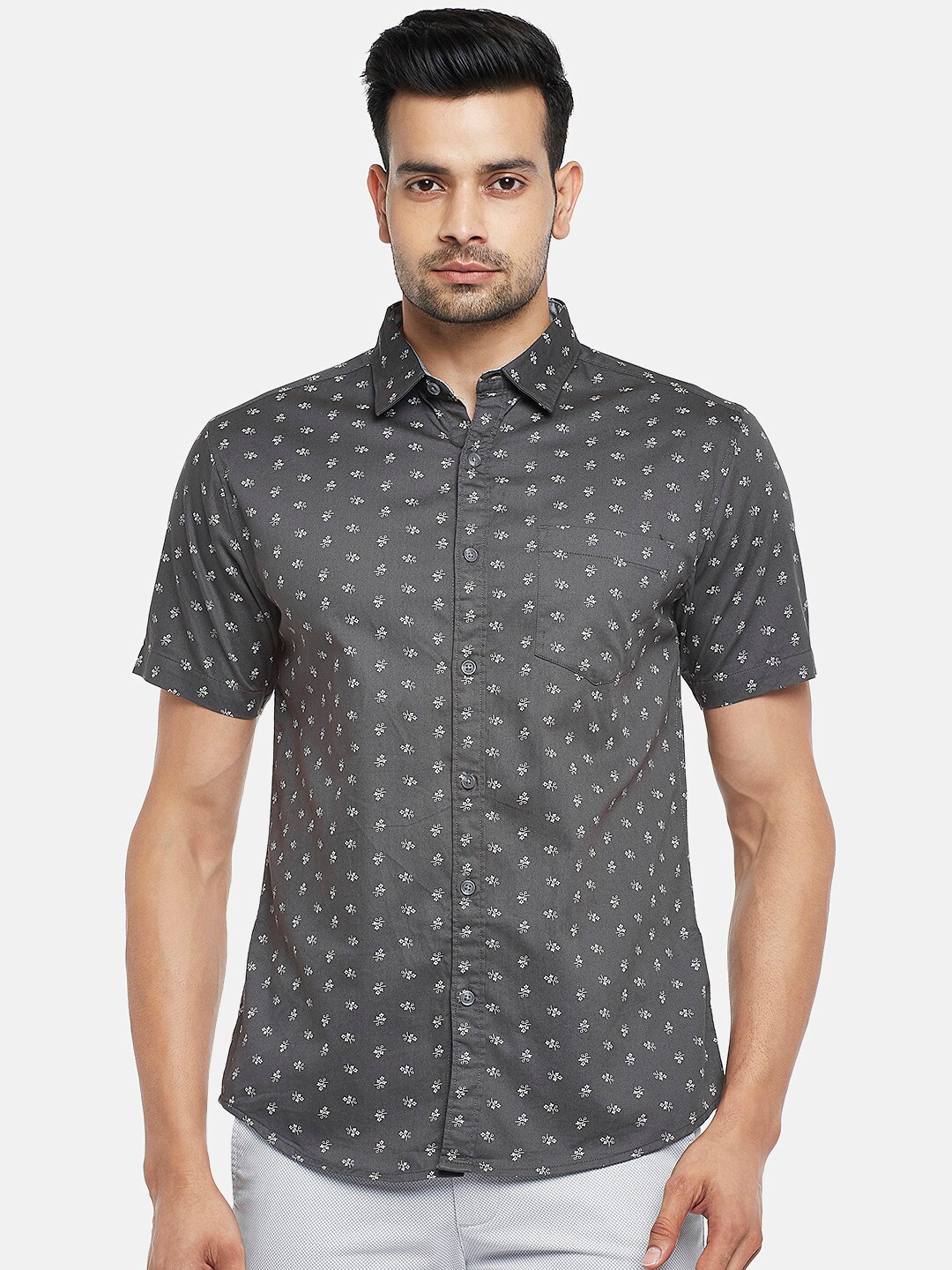 

BYFORD by Pantaloons Men Grey Slim Fit Floral Opaque Printed Casual Cotton Shirt