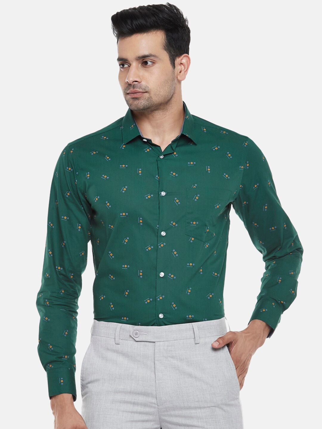 

BYFORD by Pantaloons Men Green Slim Fit Opaque Printed Pure Cotton Casual Shirt