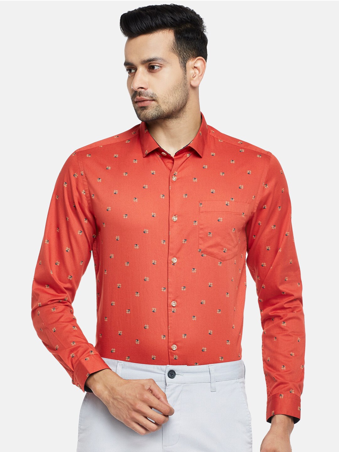 

BYFORD by Pantaloons Men Rust & Black Slim Fit Opaque Printed Pure Cotton Party Shirt