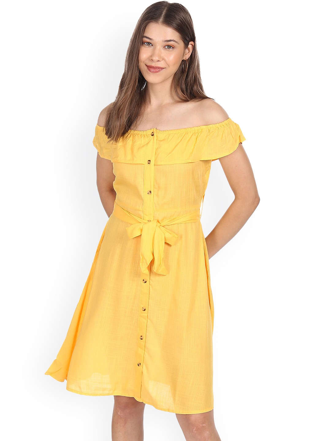 

Sugr Woman Yellow Solid Off Shoulder Dress