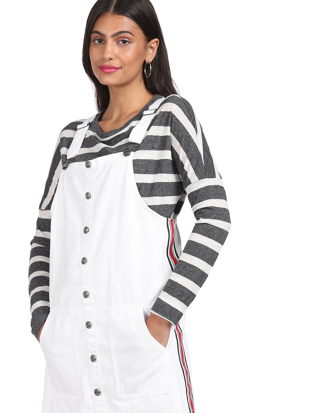 

Sugr Women White Square Neck Striped Tape Dungaree Dress