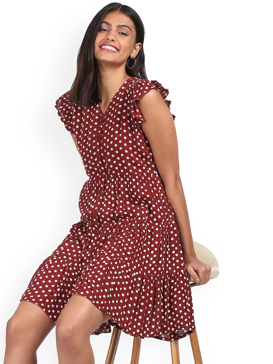 

Sugr Red V-Neck Polka Dot Print Dress