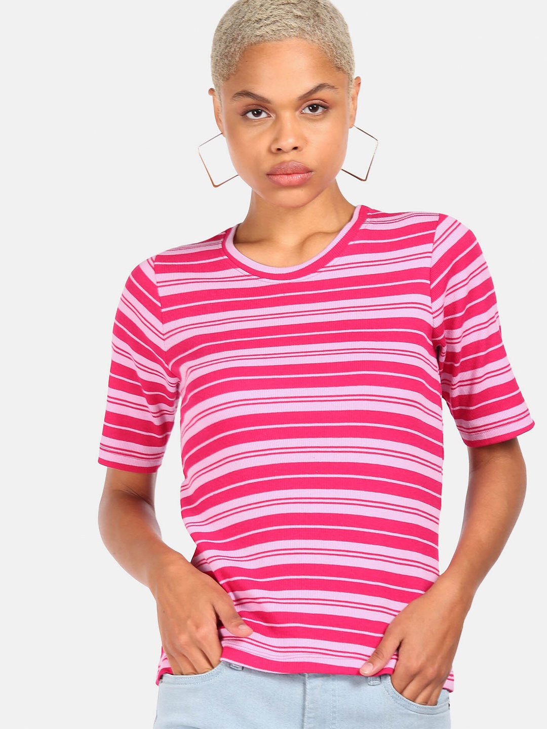 

Sugr Women Pink Striped Cotton T-shirt