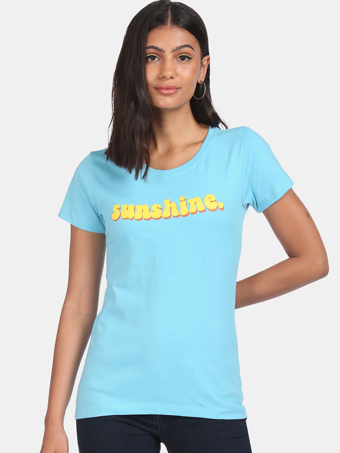 

Sugr Women Aqua Round Neck Graphic Print T-Shirt, Blue