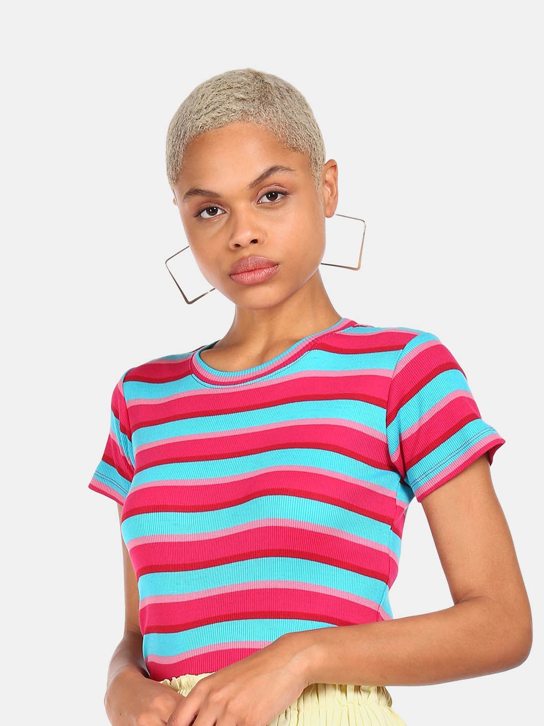 

Sugr Women Pink & Blue Striped T-shirt
