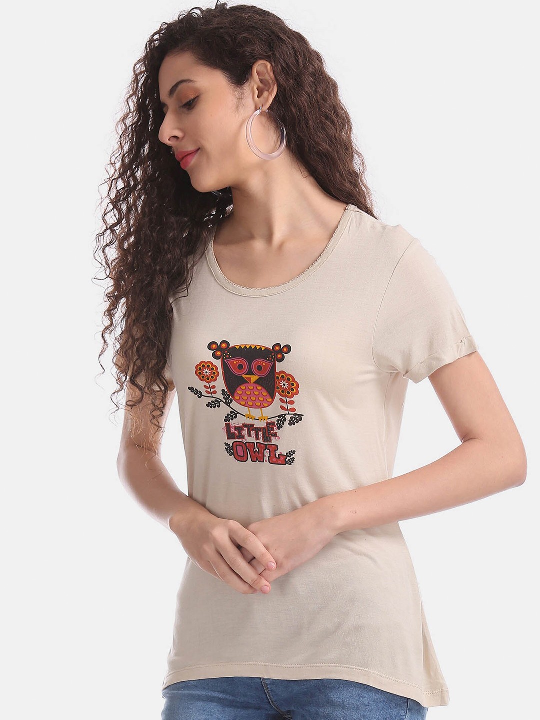 

Sugr Women Beige Printed T-shirt