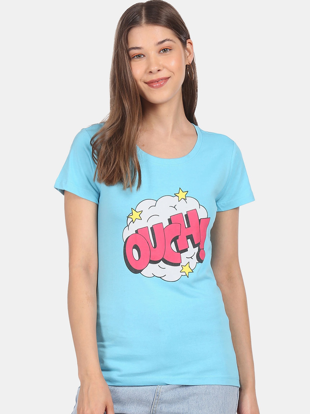 

Sugr Women Aqua Round Neck Graphic Print T-Shirt, Blue