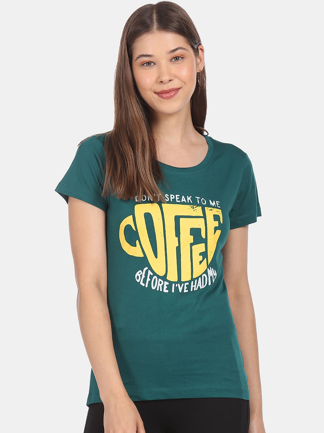 

Sugr Women Teal Round Neck Graphic Print T-Shirt