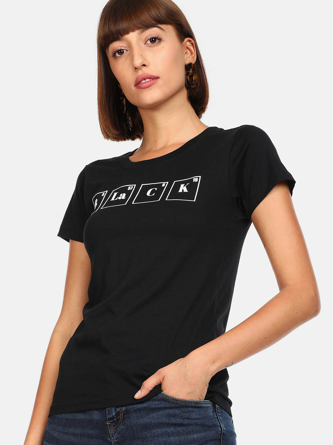 

Sugr Women Black & White Typography Printed Cotton Extended Sleeves T-shirt