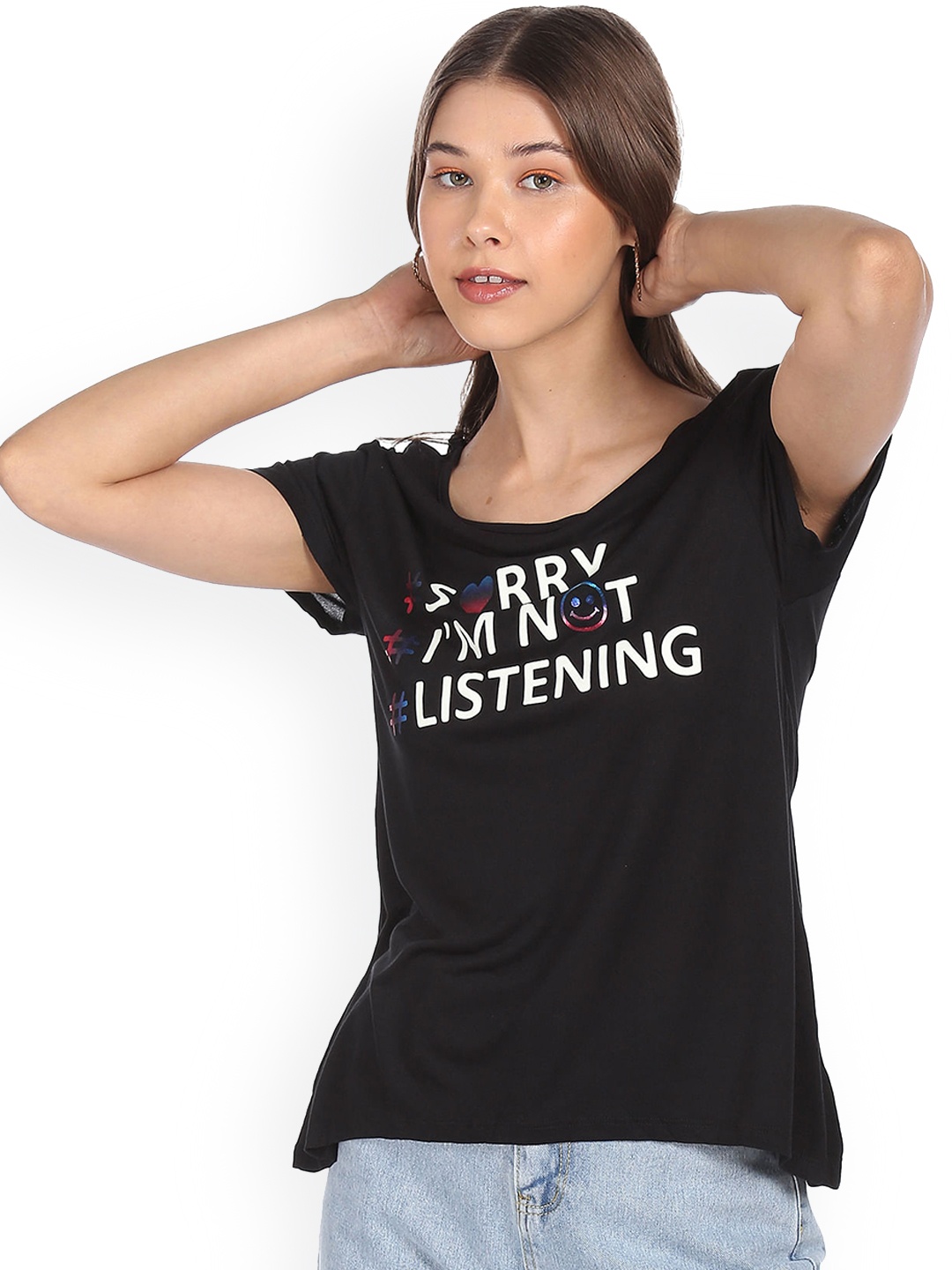 

Sugr Women Black Round Neck Graphic Print T-Shirt