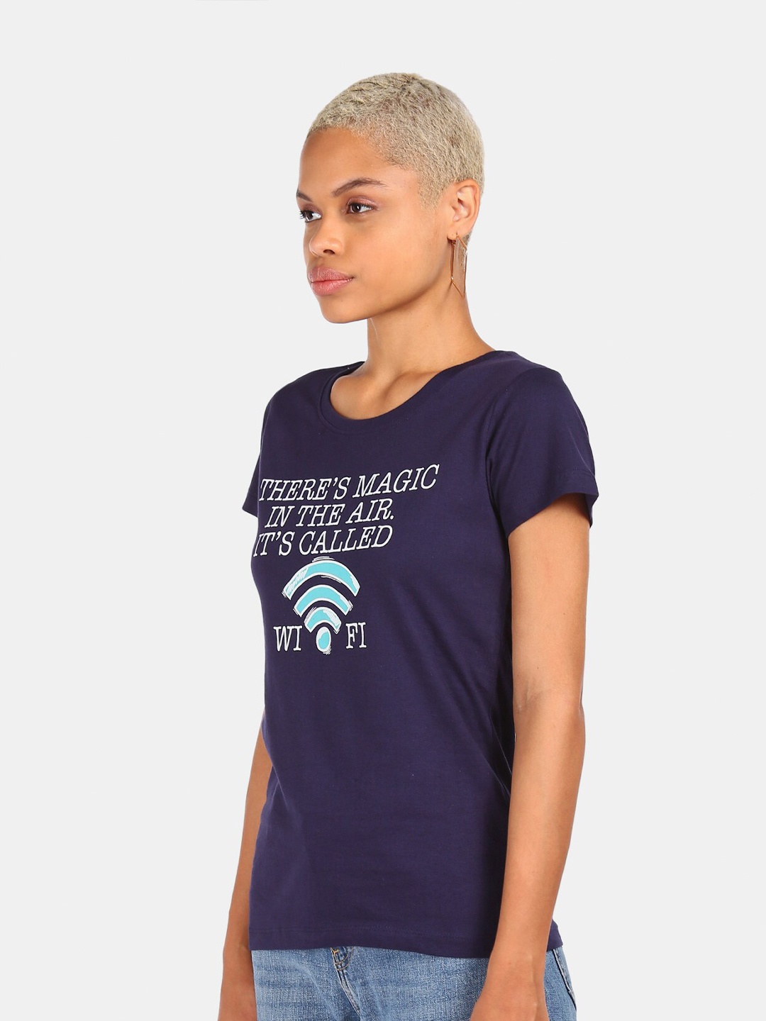 

Sugr Women Navy Blue Typography Printed Cotton T-shirt