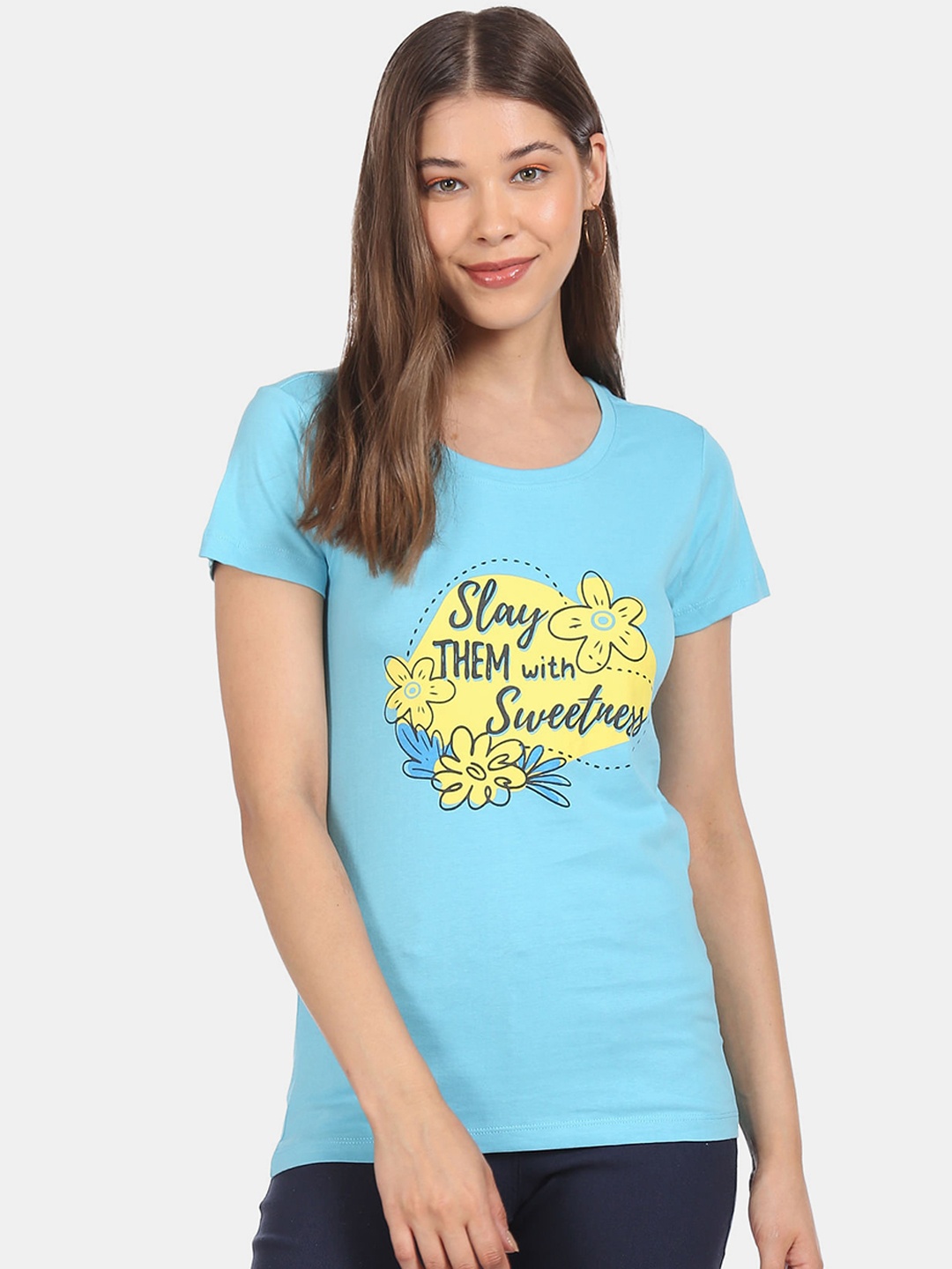 

Sugr Women Blue Round Neck graphic Print T-Shirt