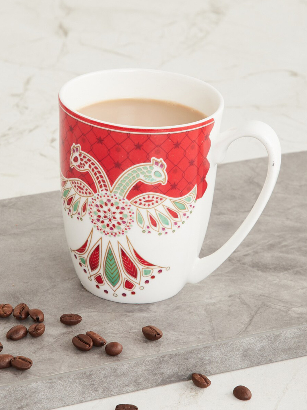 

Home Centre White & Red 1 Piece Ethnic Motifs Printed Bone China Glossy Cups