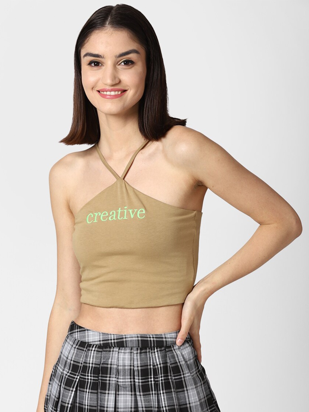 

FOREVER 21 Brown Halter Neck Fitted Crop Top