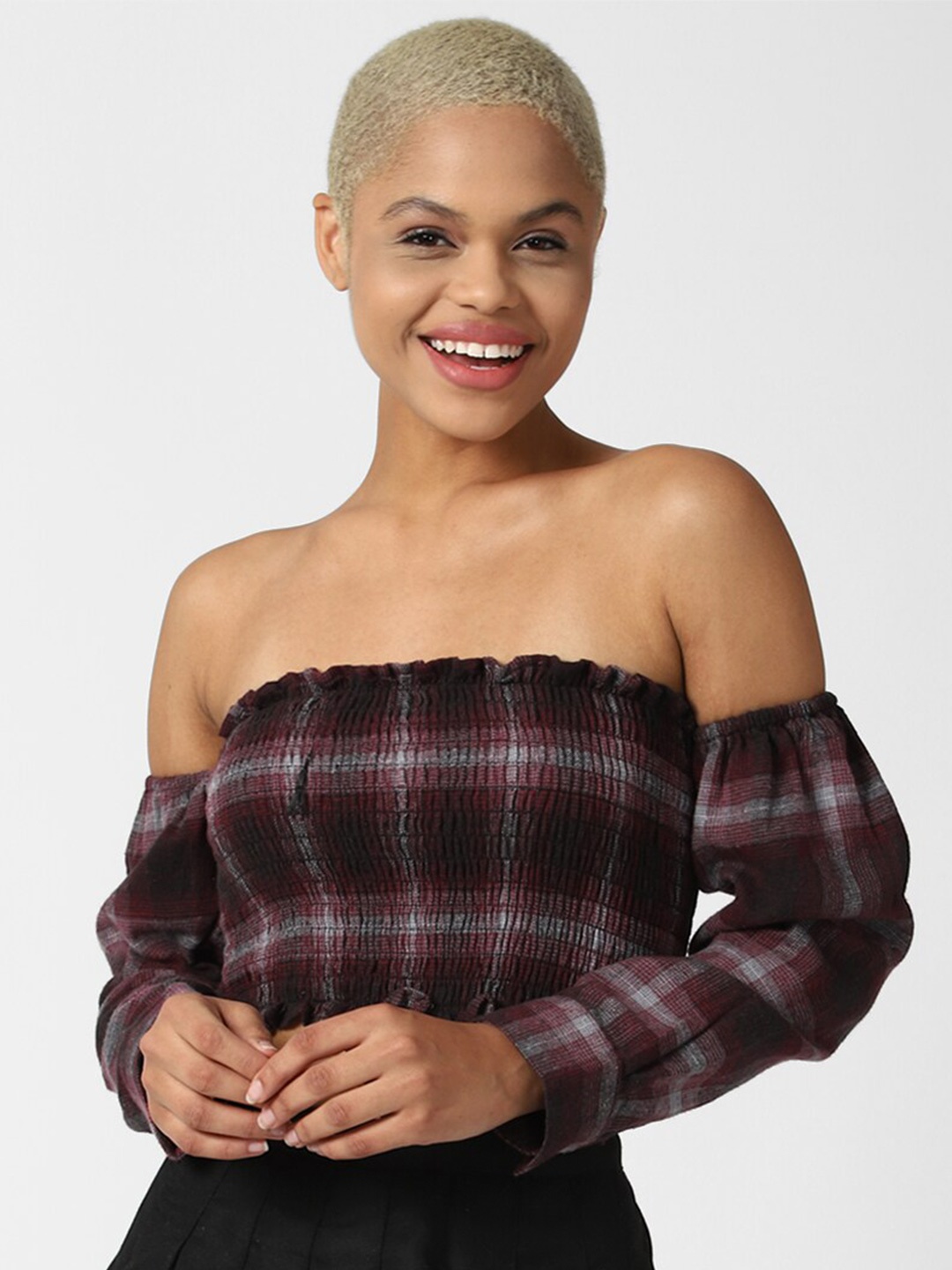 

FOREVER 21 Maroon Checked Off-Shoulder Bardot Crop Top
