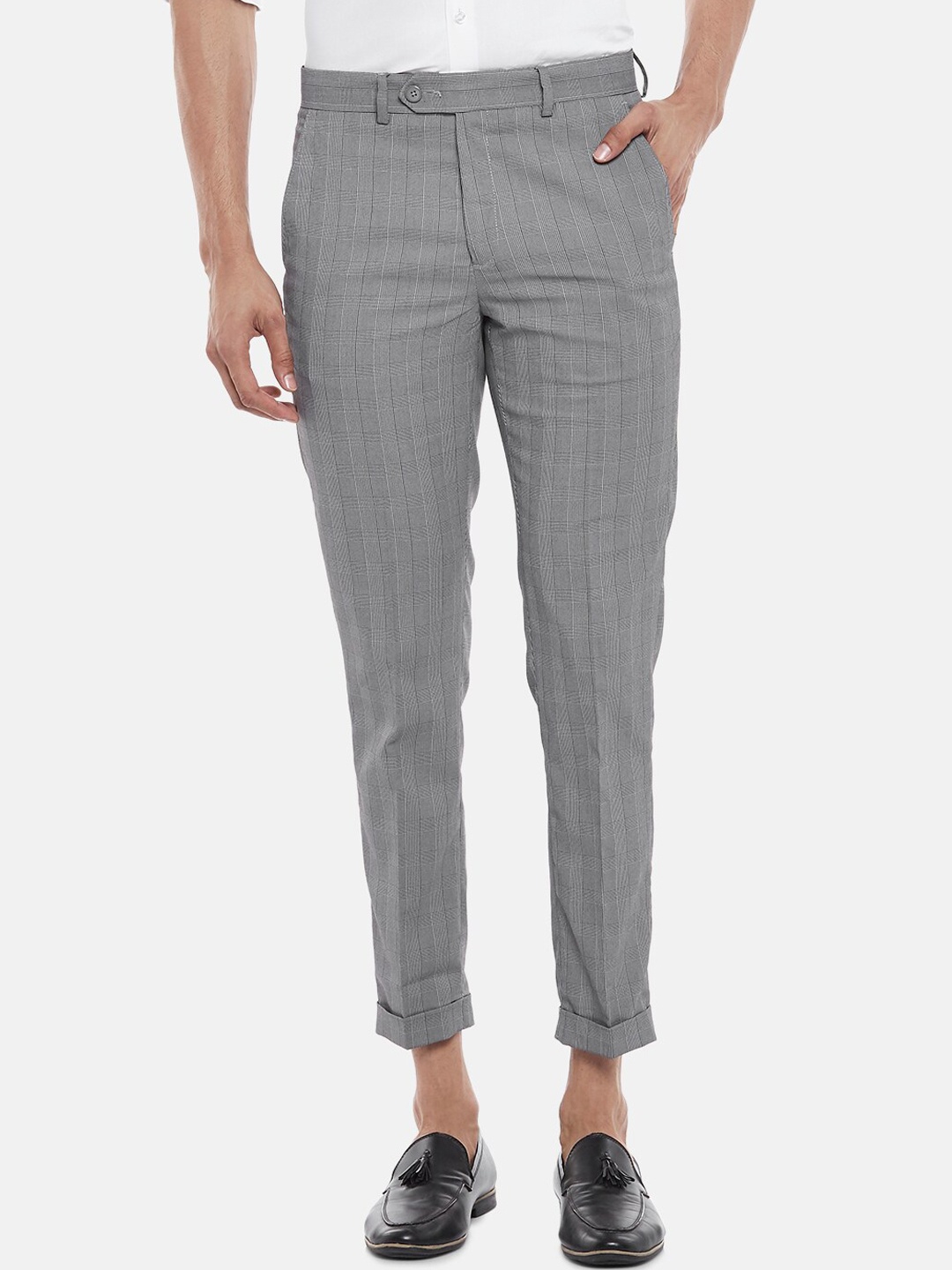 

BYFORD by Pantaloons Men Grey & White Checked Slim Fit Low-Rise Formal Trousers