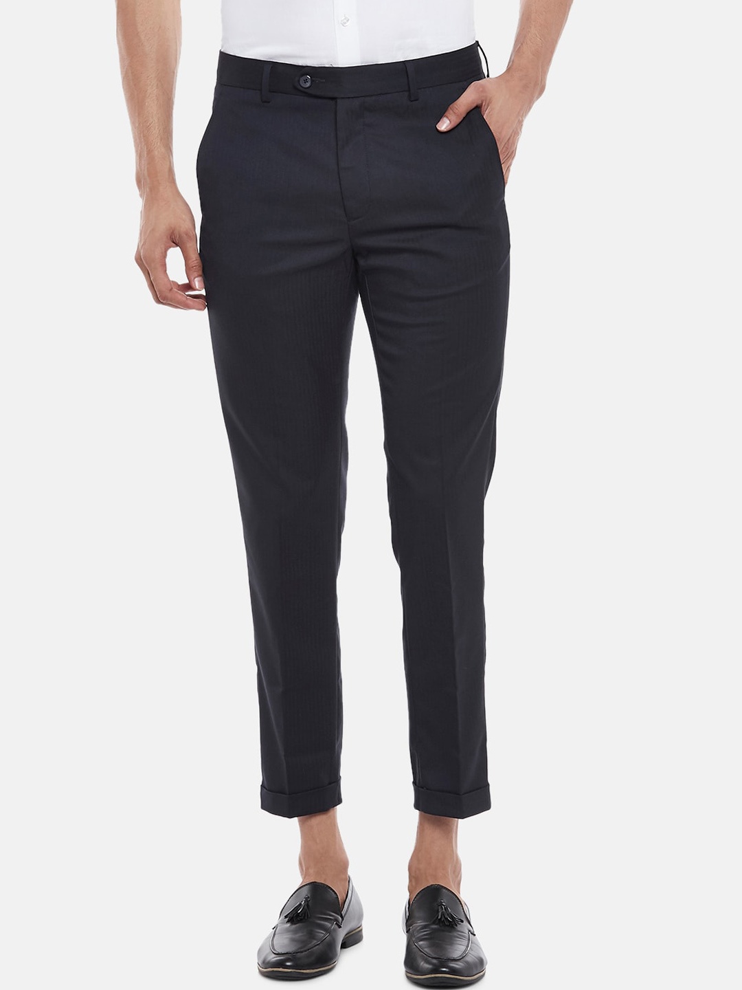 

BYFORD by Pantaloons Men Navy Blue Slim Fit Low-Rise Trousers