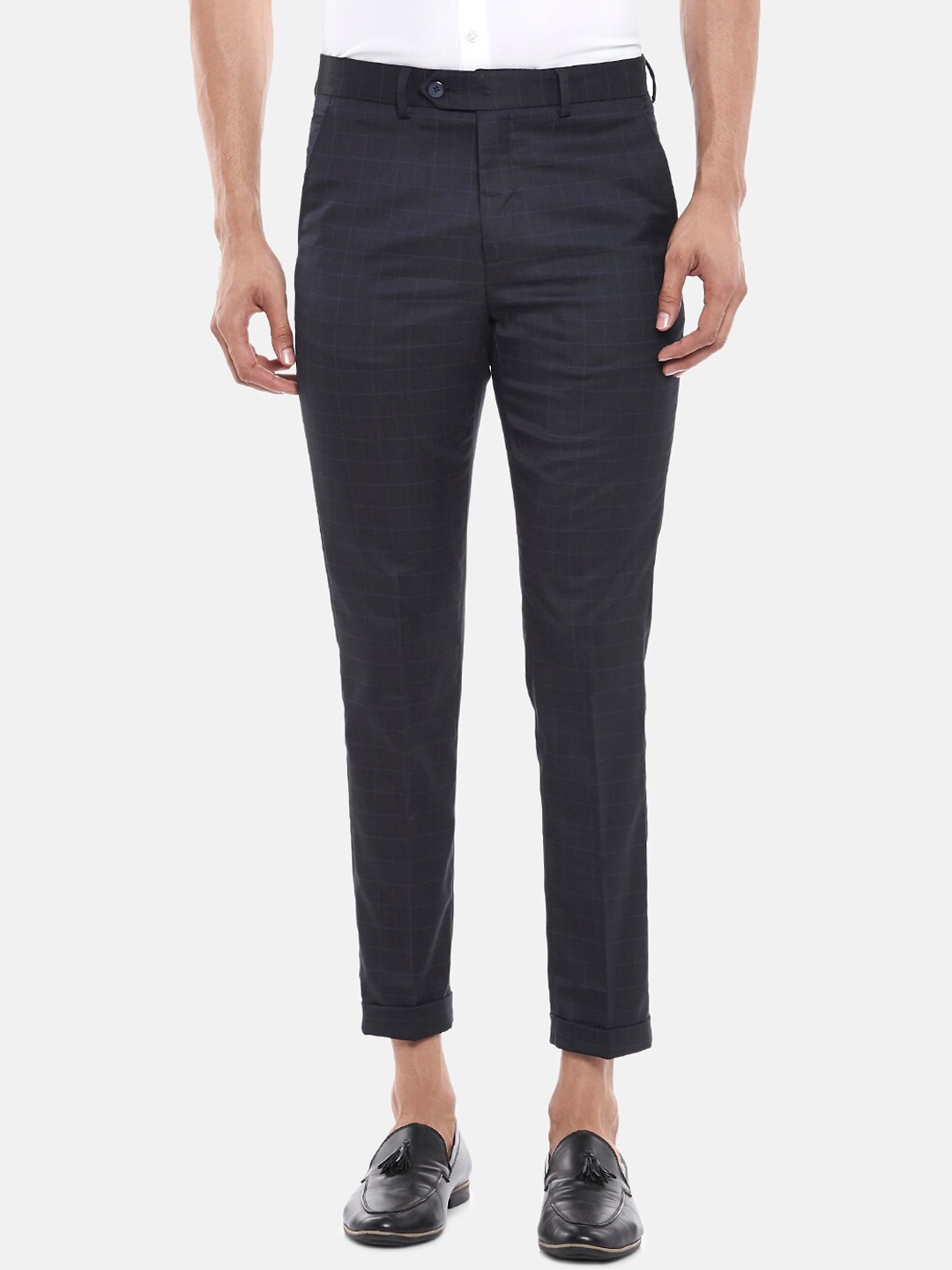 

BYFORD by Pantaloons Men Navy Blue Slim Fit Low-Rise Formal Trousers