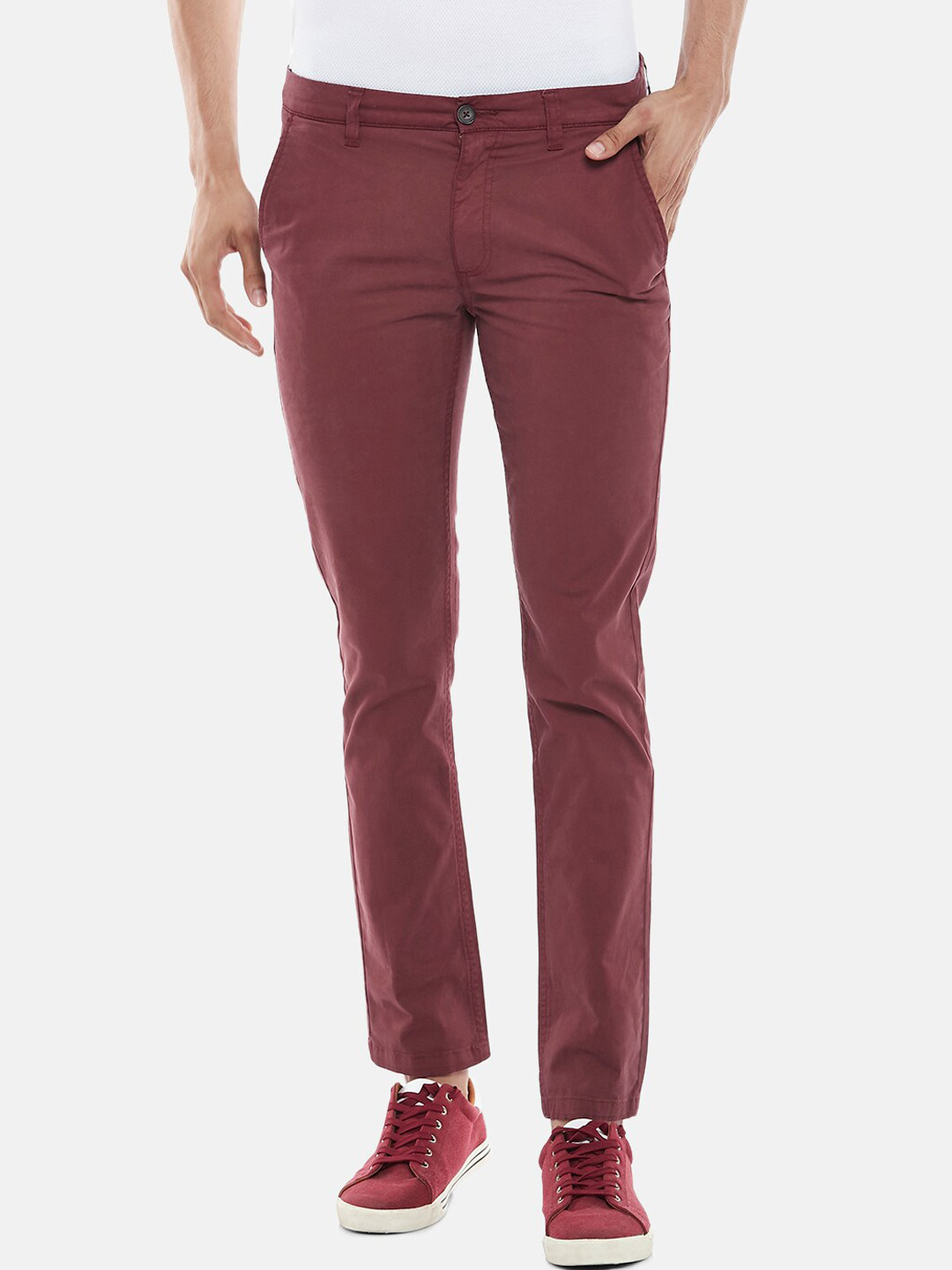 

BYFORD by Pantaloons Men Burgundy Slim Fit Low-Rise Trousers
